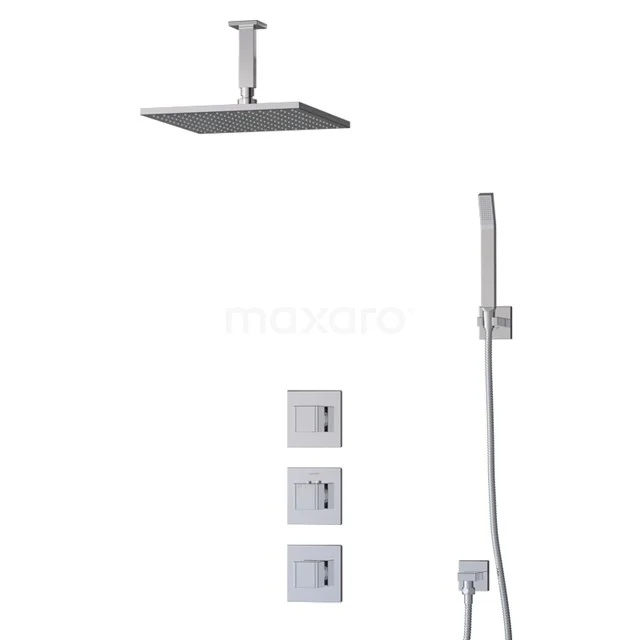 Cubic Rain shower Built-in | Chrome 30 cm Rain shower Thermostatic BIC22-00192 Square rain shower set in chrome, including handheld shower and recessed knobs, ideal for a modern bathroom.