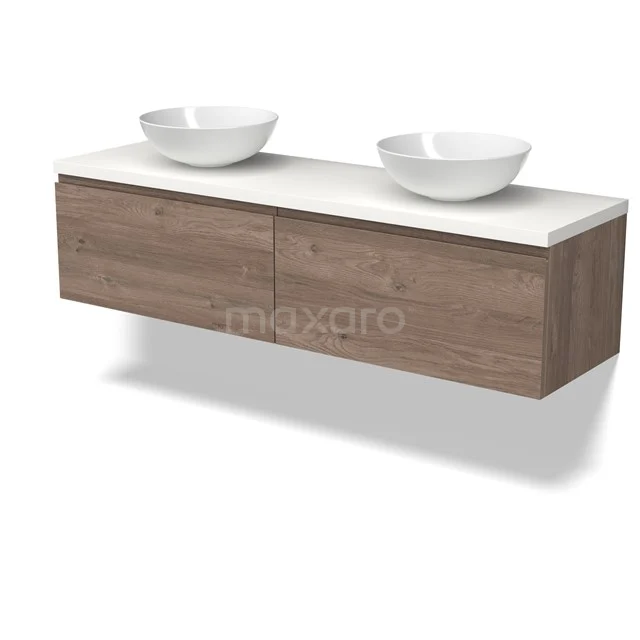 Modulo Plato Badmöbel mit Aufsatzwaschbecken | 160 cm Mittelbraune Eiche Grifflos front Matt Weiß blatt 2 nebeneinanderliegende Schubladen BMK12-02139