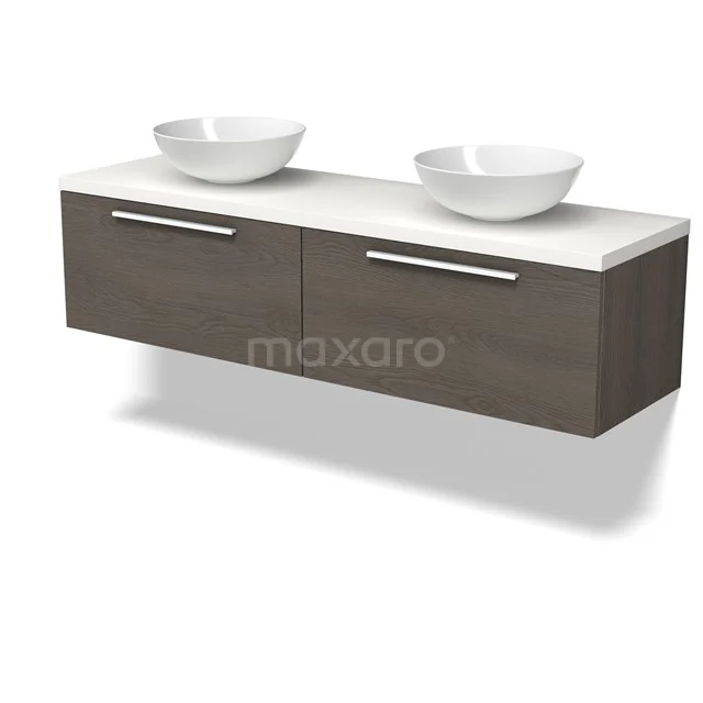 Modulo Plato Badmöbel mit Aufsatzwaschbecken | 160 cm Dunkelbraune Eiche Flach front Matt Weiß blatt 2 nebeneinanderliegende Schubladen BMK12-02140