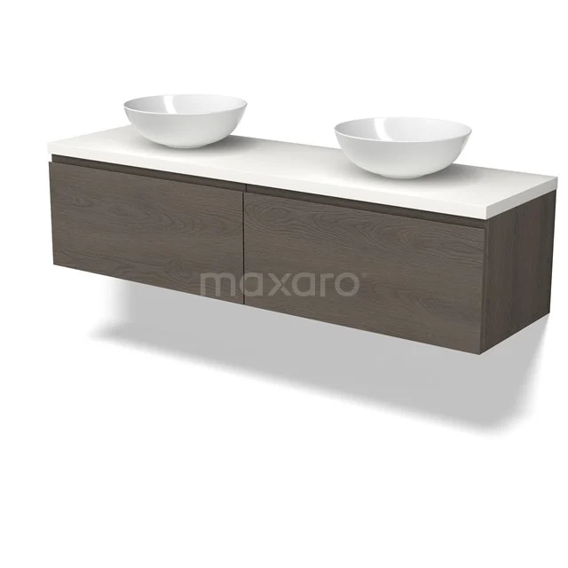Modulo Plato Vanity units for countertop basin | 160 cm Dark brown oak Handle-less front Matte white worktop 2 Side-by-side drawers BMK12-02142