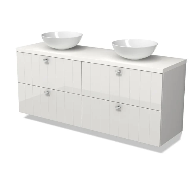 Modulo Plato Vanity units for countertop basin | 160 cm High-gloss white Slat front Matte white worktop 4 drawers BMK18-02245
