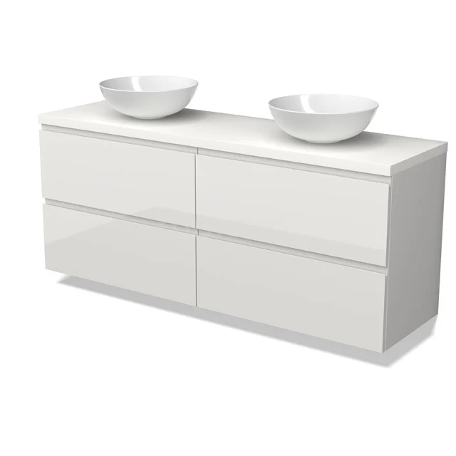 Modulo Plato Badmöbel mit Aufsatzwaschbecken | 160 cm Hochglanz Weiß Grifflos front Matt Weiß blatt 4 Schubladen BMK18-02246