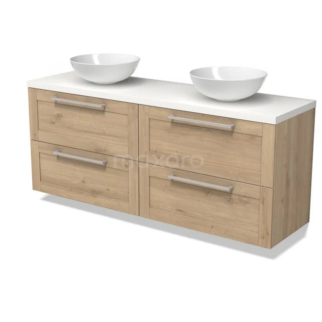 Modulo Plato Vanity units for countertop basin | 160 cm Light brown oak Bordered front Matte white worktop 4 drawers BMK18-02257
