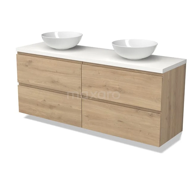 Modulo Plato Vanity units for countertop basin | 160 cm Light brown oak Handle-less front Matte white worktop 4 drawers BMK18-02258