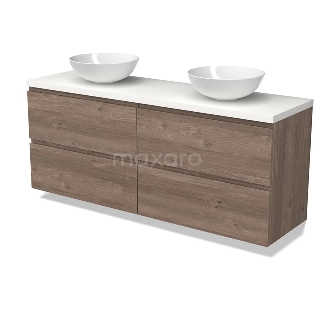 Modulo Plato Vanity units for countertop basin | 160 cm Mid brown oak Handle-less front Matte white worktop 4 drawers BMK18-02261