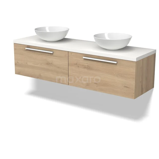 Modulo Plato Badmöbel mit Aufsatzwaschbecken | 160 cm Hellbraune Eiche Flach front Matt Weiß blatt 2 nebeneinanderliegende Schubladen BMK12-02134 Modulo Plato Badmöbel mit Aufsatzwaschbecken | 160 cm Hellbraune Eiche Flach front Matt Weiß blatt 2 nebeneinanderliegende Schubladen BMK12-02134