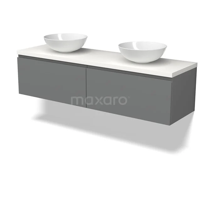 Modulo Plato Badmöbel mit Aufsatzwaschbecken | 160 cm Mittelgrau Grifflos front Matt Weiß blatt 2 nebeneinanderliegende Schubladen BMK12-02121