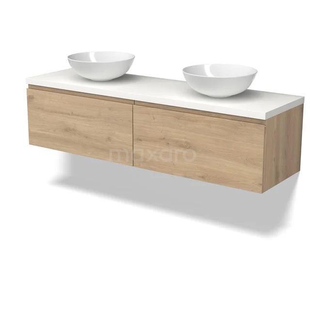 Modulo Plato Badmöbel mit Aufsatzwaschbecken | 160 cm Hellbraune Eiche Grifflos front Matt Weiß blatt 2 nebeneinanderliegende Schubladen BMK12-02136