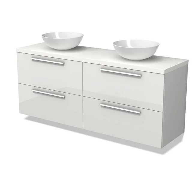 Modulo Plato Badmöbel mit Aufsatzwaschbecken | 160 cm Hochglanz Weiß Flach front Matt Weiß blatt 4 Schubladen BMK18-02244