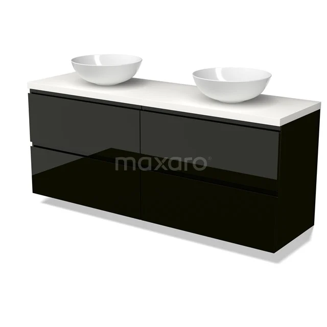 Modulo Plato Vanity units for countertop basin | 160 cm High-gloss black Handle-less front Matte white worktop 4 drawers BMK18-02251