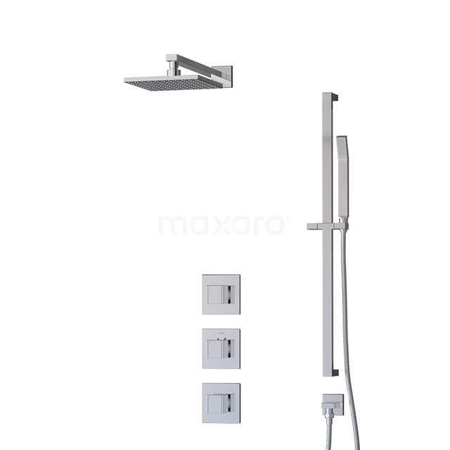 Chrome square rain shower set with recessed thermostat, sliding bar and handheld shower; luxurious addition for the modern bathroom.