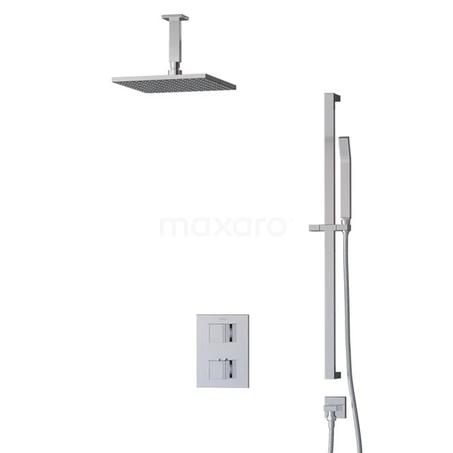 Viereckige Edelstahl Regendusche Set mit Handbrause, verchromte Oberfläche, Einbaumontage, perfekt für moderne Badezimmerdesigns.