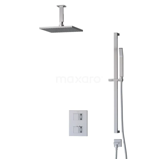 Viereckige Edelstahl Regendusche Set mit Handbrause, verchromte Oberfläche, Einbaumontage, perfekt für moderne Badezimmerdesigns.