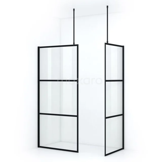 Pearl Walk-in shower | 90x80 cm Matte black Clear with 4 black stripes 2 fixed walls IPB0908708MN Black industrial shower screen with clear glass and metal frame, perfect for a modern bathroom design.