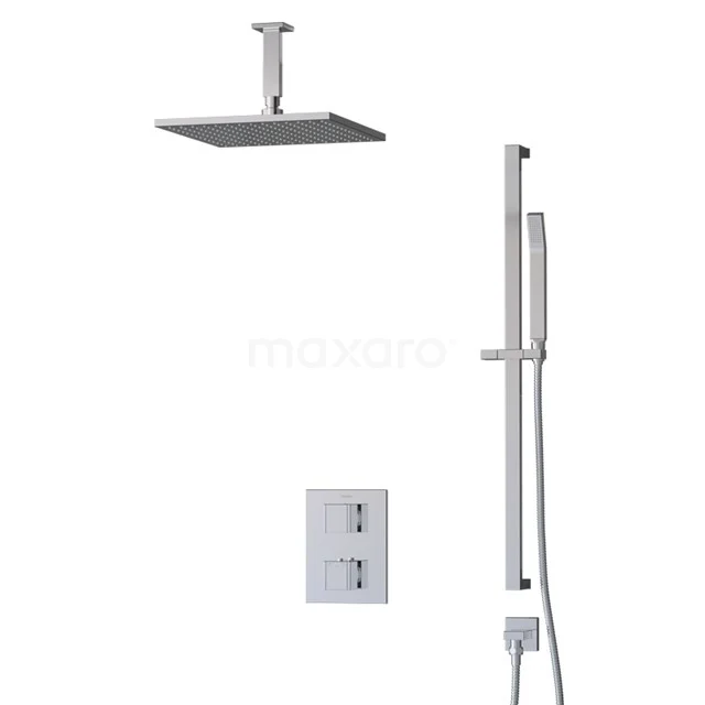 Viereckige Regendusche Set Edelstahl, mit eingebautem Thermostat und Handbrause. Modernes Design ideal für luxuriöse Bäder.