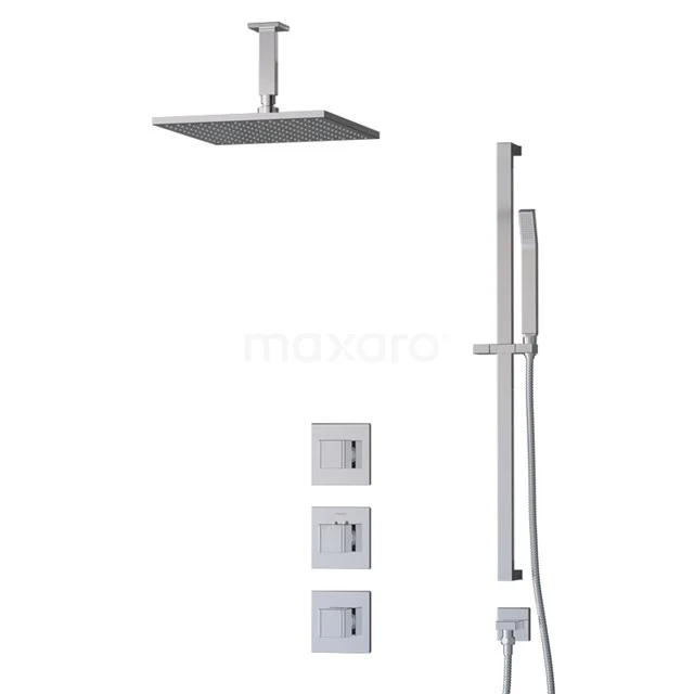 High-quality surface-mounted rain shower set in chrome, with thermostat and handheld shower; perfect addition to a modern bathroom.