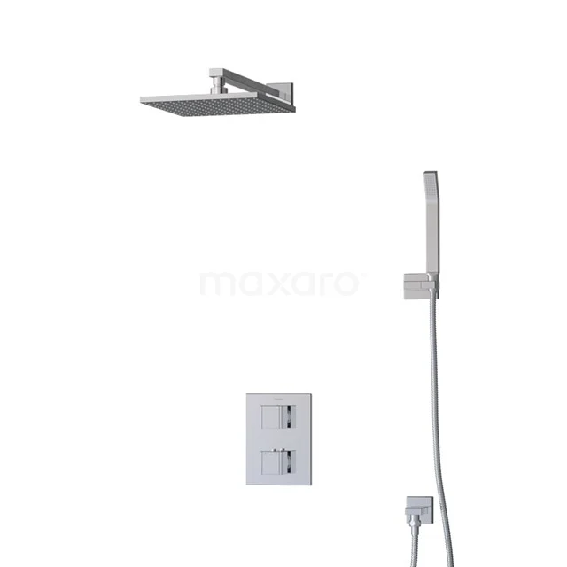 Viereckige Edelstahl Regendusche Set mit Handbrause und Thermostatarmatur, elegantes Design, ideal für moderne Bäder.