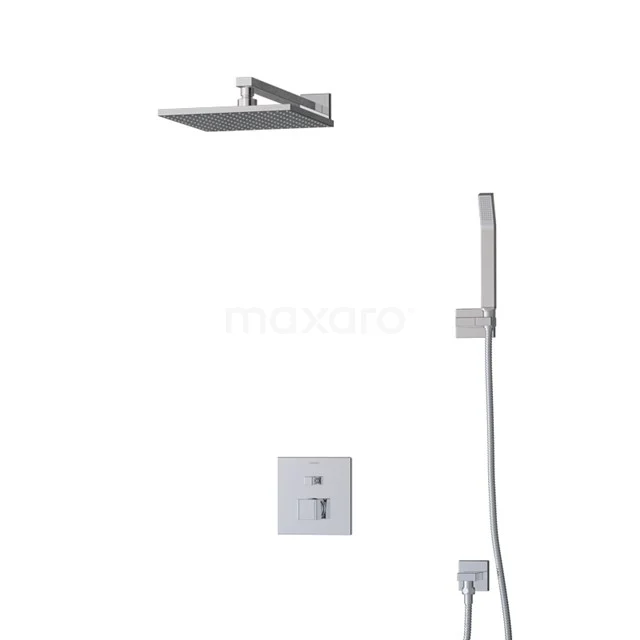 Viereckige Edelstahl Regendusche Set mit Handbrause, Unterputz-Armatur und schlankem Design; ideal für ein modernes Badezimmer.