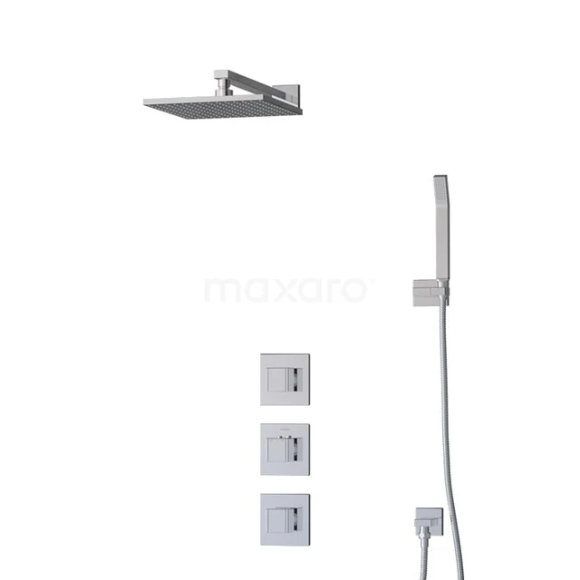 Stainless steel concealed rain shower with square shower head, handheld shower and thermostatic controls; modern set for luxury bathrooms.