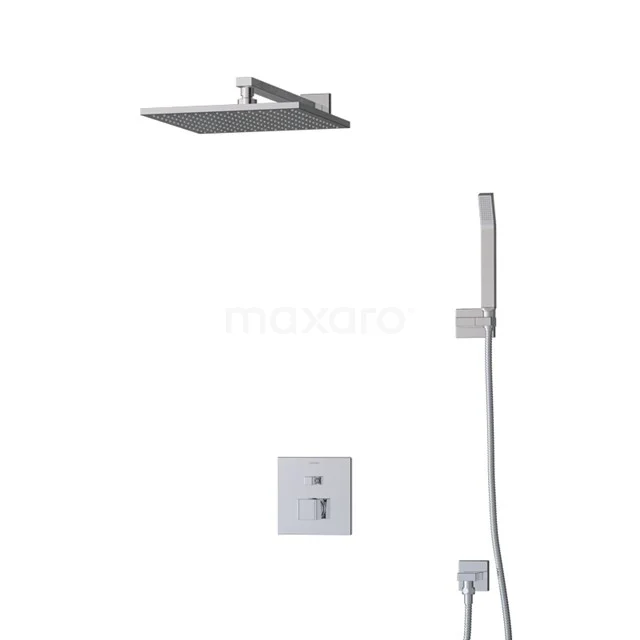 Viereckige Edelstahl-Regendusche mit eingebautem Thermostat, glänzender Chrom-Oberfläche und Handbrause für das moderne Badezimmer.