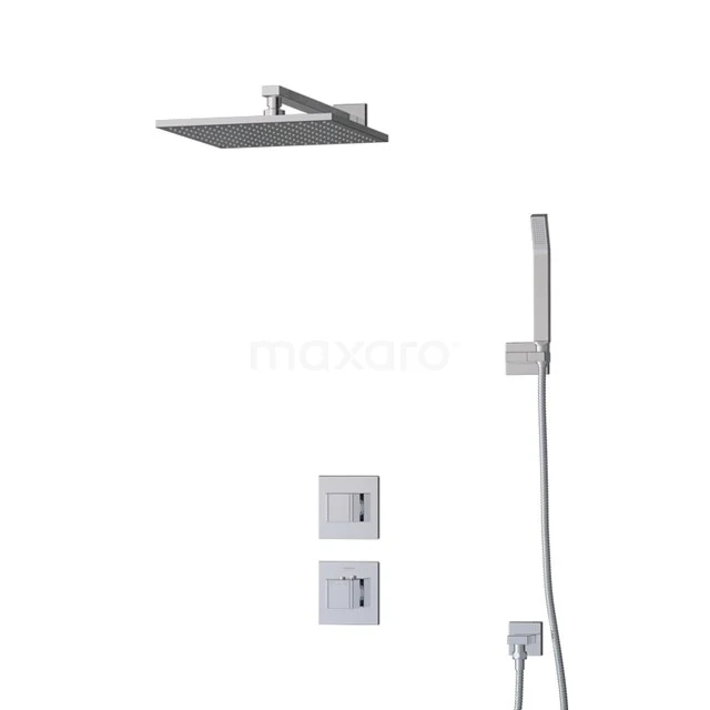 Viereckige Regendusche-Set in gebürstetem Edelstahl, einschließlich Handbrause und Einbau-Thermostat, ideal für ein modernes Badezimmer.