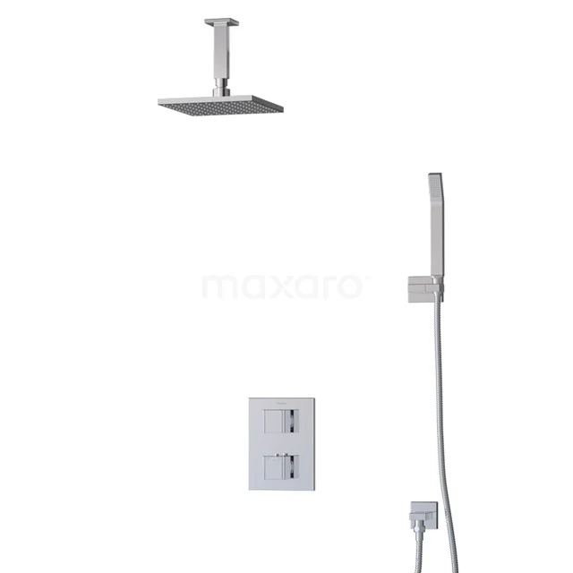 Viereckige Regenduschen-Set mit Deckenmontage, Chromoberfläche, einschließlich Handbrause und Thermostatarmatur, modernes Badezimmerdesign.