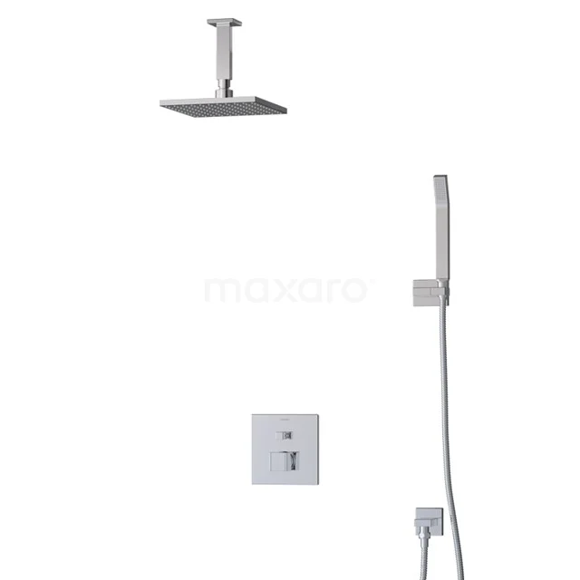 Viereckige chromatische Regendusche-Set mit Wanddusche und Thermostatarmatur, ideal für ein modernes Badezimmer.