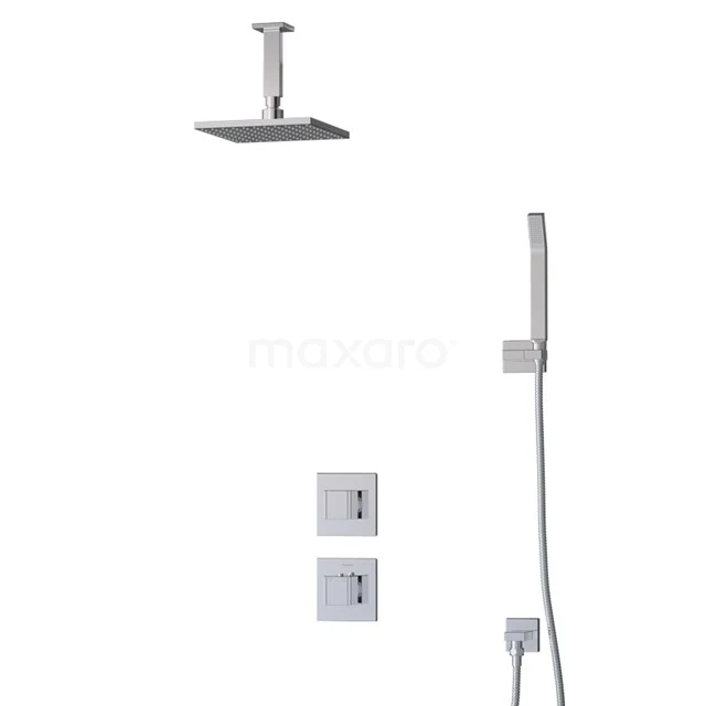 Square rain shower set in chrome with handheld shower, ideal for modern bathrooms. Includes recessed buttons and ceiling mounting.
