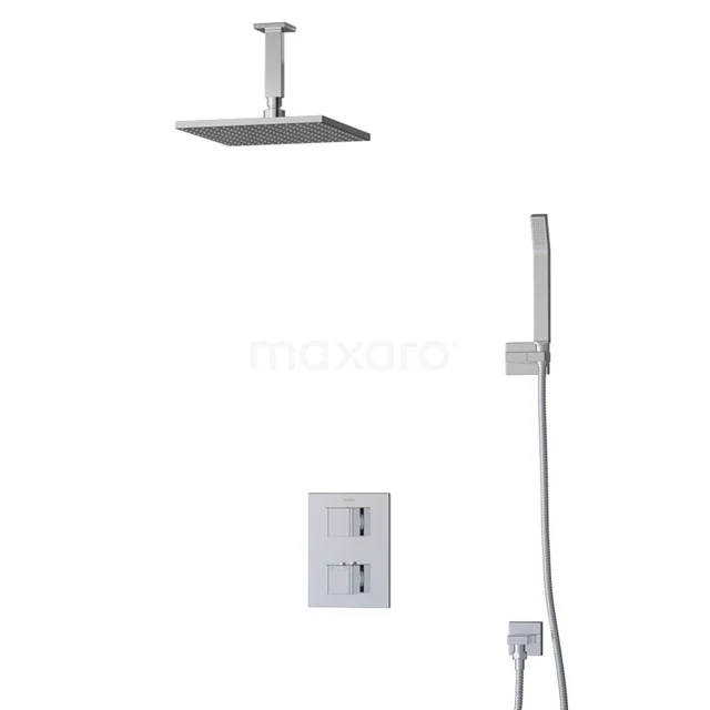 Viereckige Regendusche-Set, Chromfarbe, mit Handbrause und eingebautem Thermostat; luxuriöses Design für moderne Bäder.