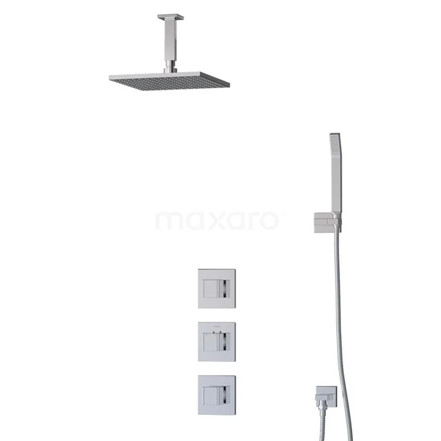 Square rain shower set in brushed steel, including handheld shower and thermostatic controls; modern design for the bathroom.