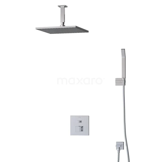 Viereckige Regendusche-Set aus gebürstetem Stahl mit Handbrause, Einbau-Thermostat und Deckenbefestigung, modernes Badezimmerdesign.