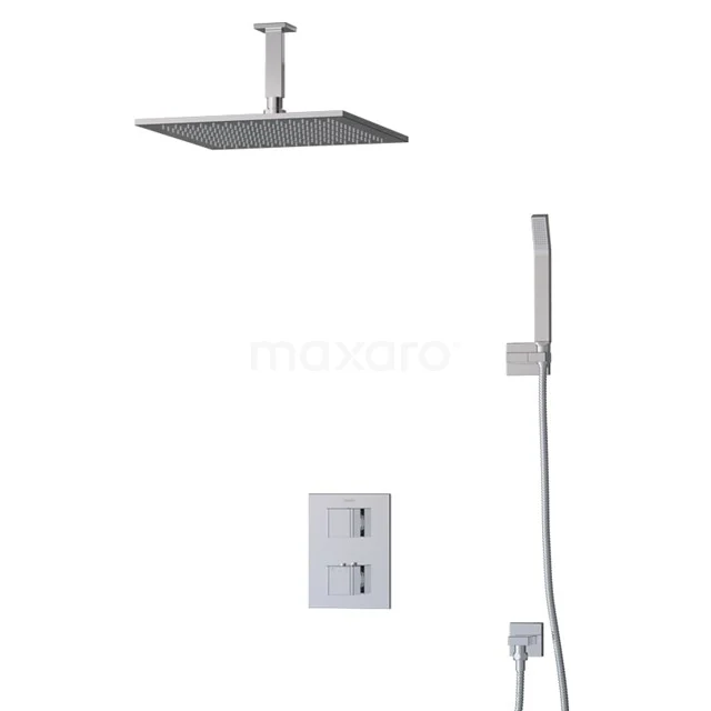 Square chrome rain shower with handheld sprayer, thermostat and sleek design, perfect for a modern bathroom upgrade.