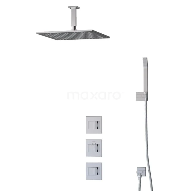 Viereckiger chromierter Duschkopf mit Deckenmontage, einschließlich Thermostatarmatur, Handbrause und Edelstahl-Finish für luxuriösen Badezimmerstil.