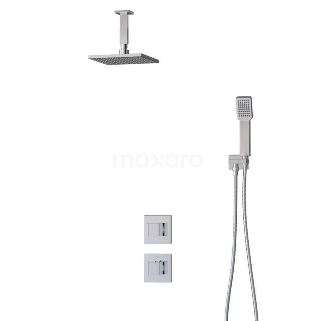 Square stainless steel rain shower with handheld shower and thermostatic controls, modern design for luxury bathrooms.