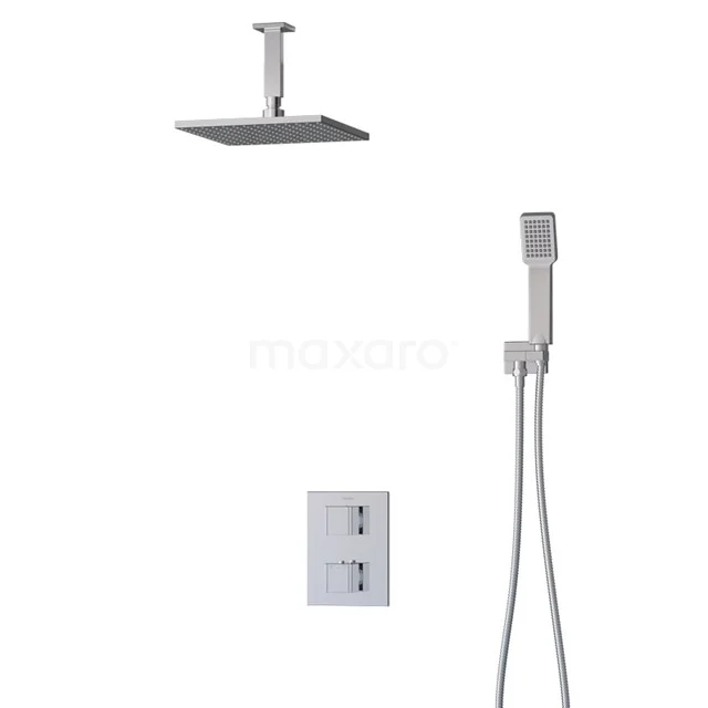 Viereckige Chrom-Regendusche mit Handbrause und eingebauter Thermostatarmatur, perfekt für ein modernes Badezimmer.