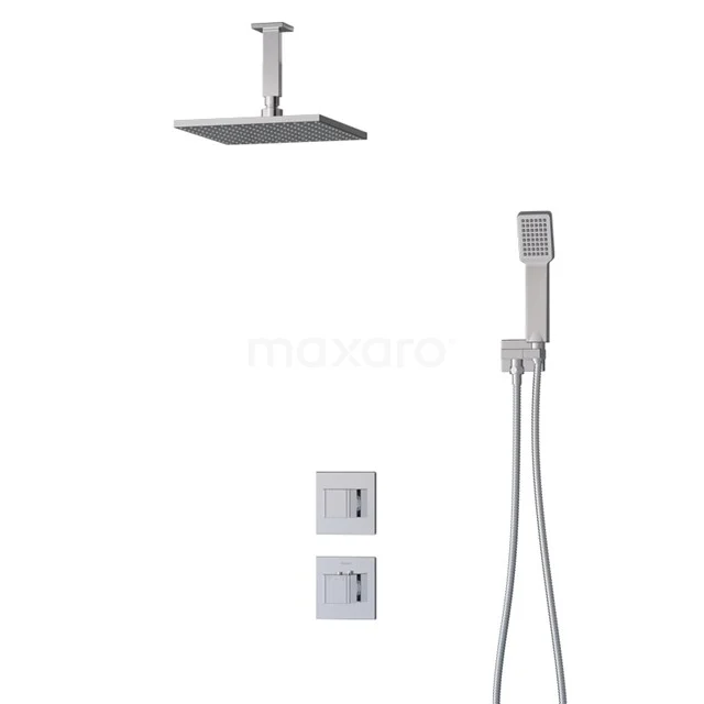 Cubic Rain shower Built-in | Chrome 25 cm Rain shower Thermostatic BIC22-00271 Square shower head and handheld shower in chrome, including built-in mixer taps, suitable for modern bathroom style.