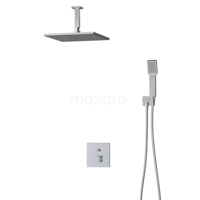 Viereckige Regenduschen-Set mit verchromter Oberfläche, einschließlich Einbau-Thermostat und Handbrause. Für ein luxuriöses Badezimmererlebnis.