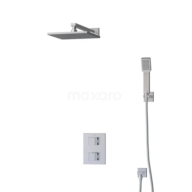 Edelstahl Regendusche mit quadratischer Form, Handbrause und Einbauthermostat; modernes Badezimmerdesign mit schlankem Profil.