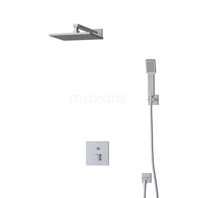 Viereckige chromatische Regendusche mit passender Handbrause und Einbau-Thermostat, ideal für ein modernes Badezimmer.