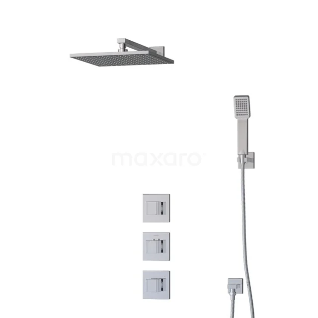 Square chrome rain shower with handheld shower, thermostatic controls, ideal for a modern bathroom style.