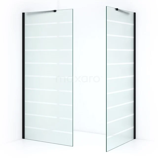 Pearl Walk-in shower | 100x90 cm Matte black Clear with matt stripes 2 fixed walls IPB1009206M Glass shower screen with black profile and matte white stripes, modern design, perfect for a stylish bathroom.