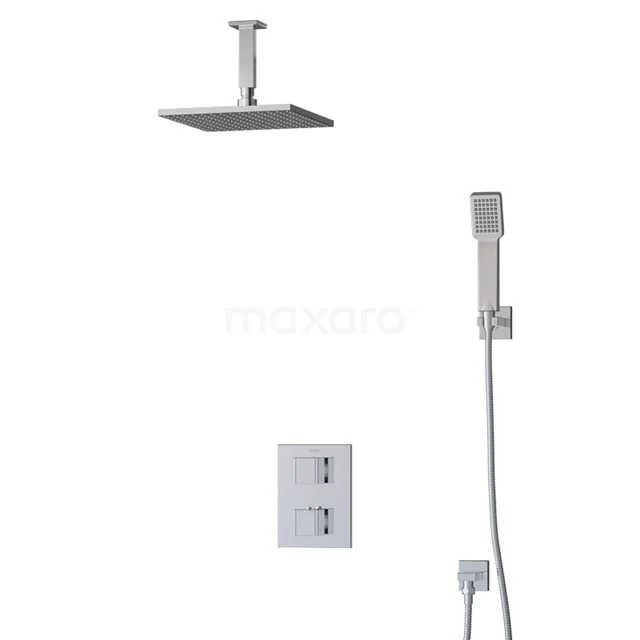 Viereckige chromatische Regendusche-Set mit Handbrause und eingebautem Thermostat, ideal für moderne Badezimmerstile.