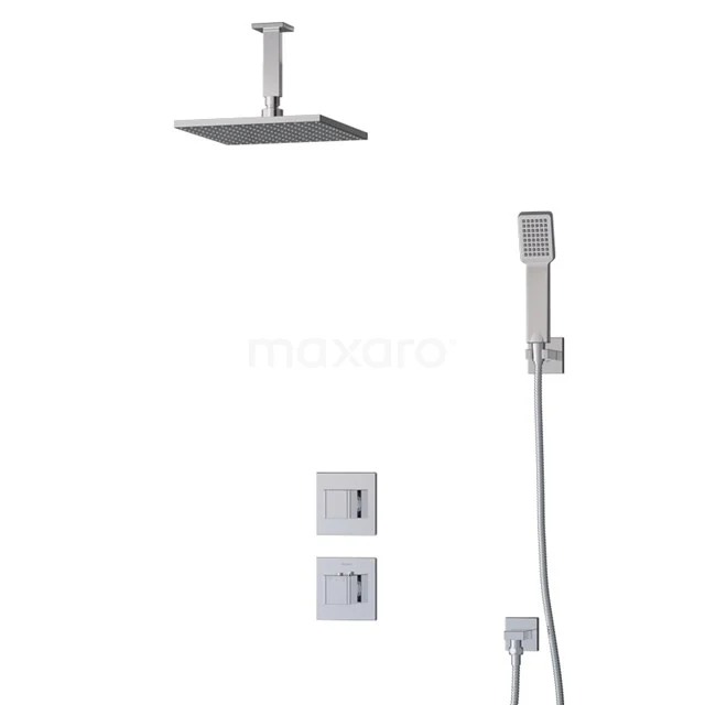 Square stainless steel rain shower set with wall-mounted hand shower, recessed thermostat and ceiling mounting, ideal for modern bathrooms.