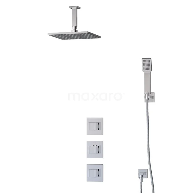 Square stainless steel rain shower set with concealed thermostat, including handheld shower. Modern design for the bathroom.