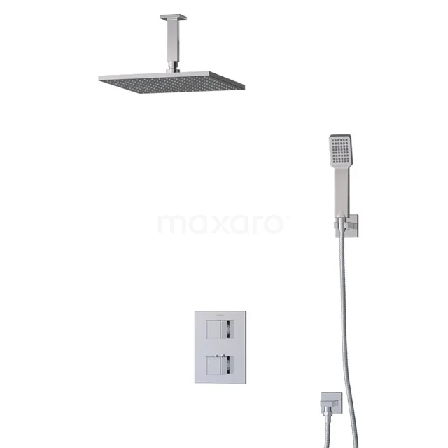 Viereckige chromatische Regendusche-Set mit Thermostatarmatur und Handbrause, ideal für ein modernes Badezimmer.