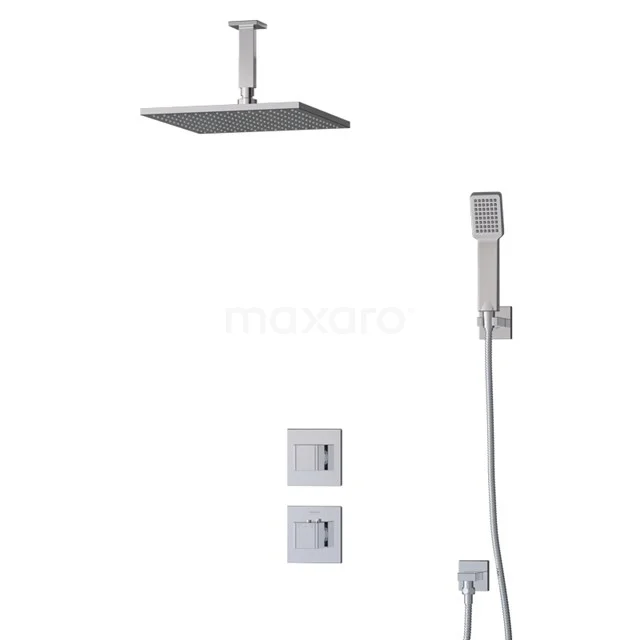 Rain shower set square stainless steel, ceiling-mounted with handheld shower, ideal for a modern bathroom.