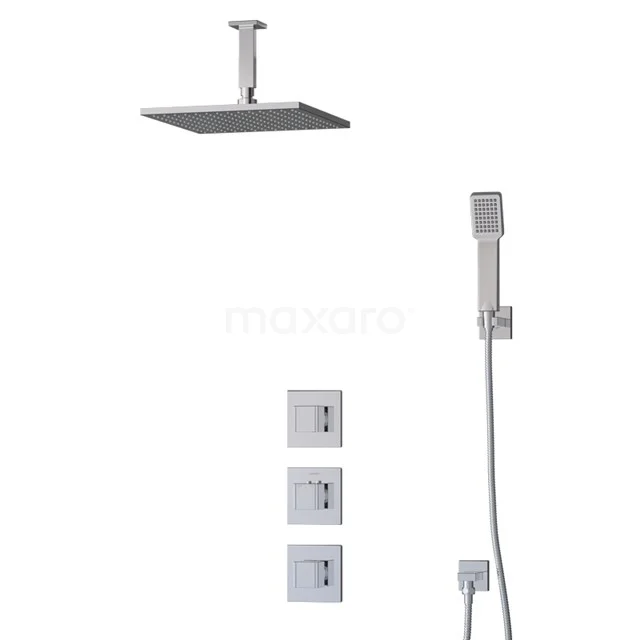 Cubic Rain shower Built-in | Chrome 30 cm Rain shower Thermostatic BIC22-00304 Square rain shower set with handheld shower, chrome finish and concealed tap; modern addition for a stylish bathroom.