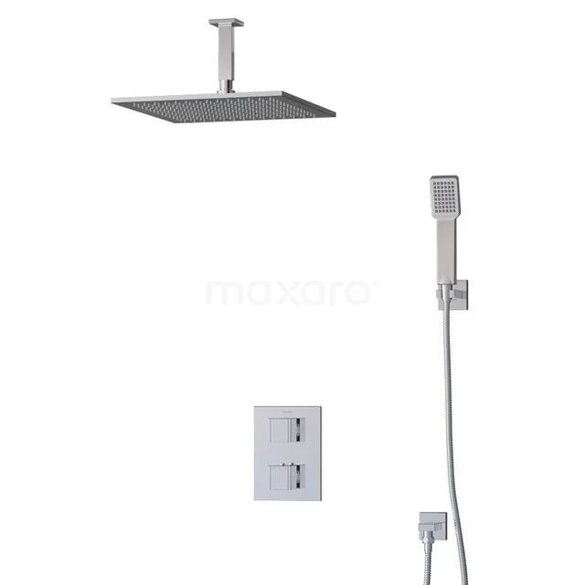 Viereckige Regendusche mit Deckenmontage, Chromfarbe, einschließlich Handbrause und Thermostatarmatur für luxuriöse Badezimmererfahrung.