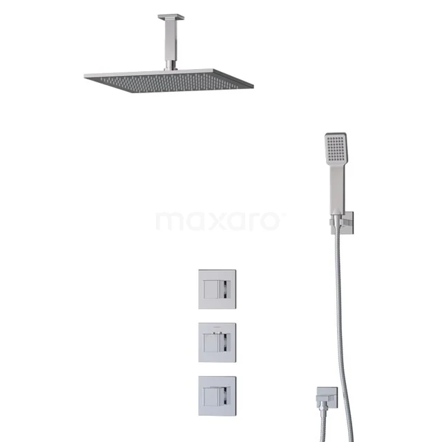 Square ceiling rain shower set in chrome with handheld shower and recessed buttons, ideal for luxurious modern bathrooms.