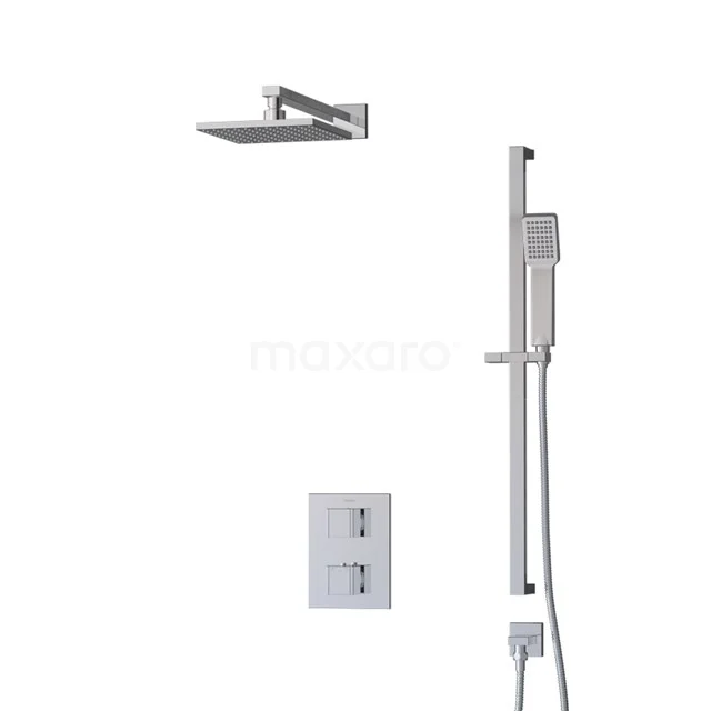 Viereckige chromatische Regendusche mit Wandarm, passender Handbrause und Einbaubedienung, ideal für moderne Bäder.